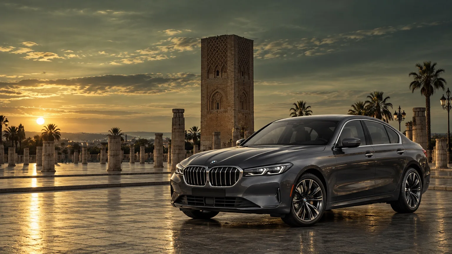 BMW sedan in front of Hassan Tower in Rabat, Morocco