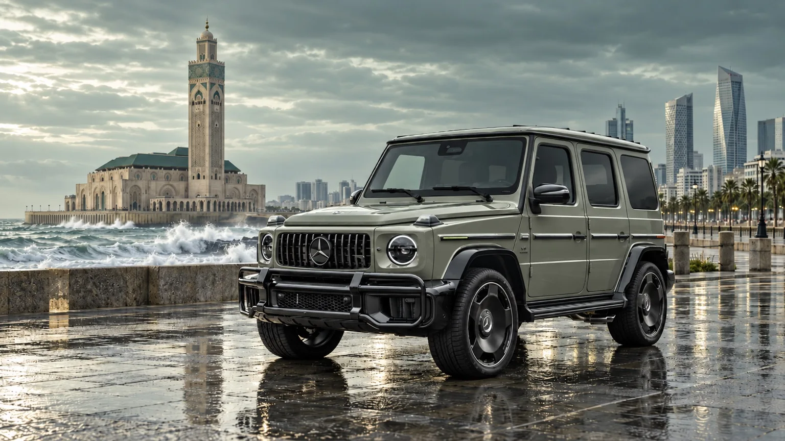 Mercedes AMG G63 near the Hassan II Mosque in Casablanca