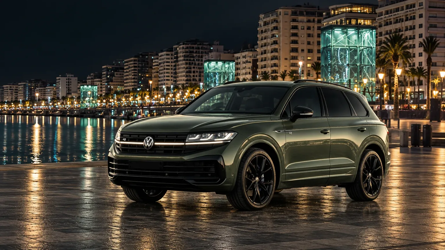 Volkswagen Touareg sur le front de mer de Tanger, de nuit